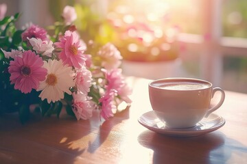 Morning coffee paired with fresh flowers creates a cozy and inviting atmosphere, Coffee in the morning with flowers on the table animated background ing