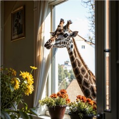 Curious giraffe playfully peeking through open window into cozy room with flower pots and framed art against a bright sky background