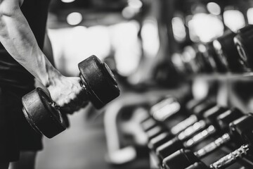Black and white pictures show a hand grasping a dumbbell in the gym for bodybuilding