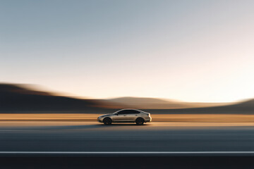 solitary car driving on empty desert road during golden hour