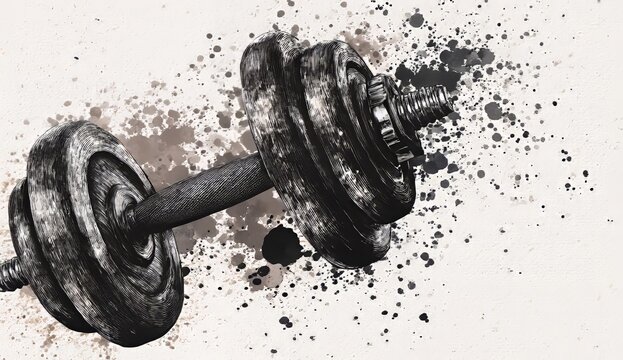 Graphic Art Illustration of a barbell in ink and pencil drawing style, symbolizing a motivational gym theme with abstract graffiti elements