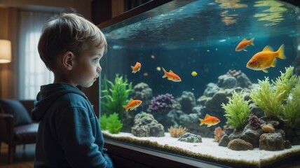 Curious boy watching colorful orange fish in large home aquarium with natural decor and cozy background