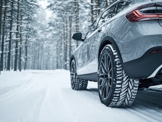 Naklejka premium Winter Drive: SUV on Snowy Forest Road