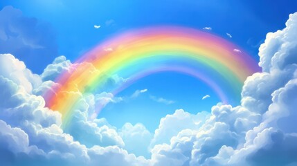 Pastel rainbow arcing through fluffy clouds