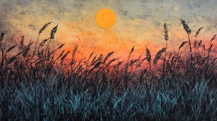 Sunset meadow landscape painting with tall grasses