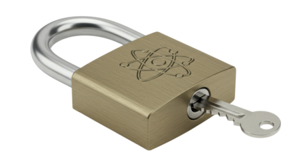 Isolated Padlock with Atom Symbol and Key for Security