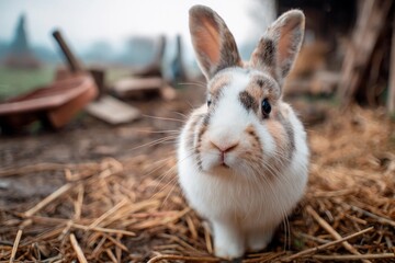 A curious rabbit wanders through a farmyard covered in straw, showcasing its playful nature. The tranquil morning light enhances the peaceful atmosphere of the countryside