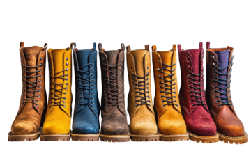 Variety of colorful boots arranged in a row showcasing different styles and colors for fashion enthusiasts