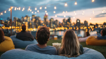 Couple watching outdoor movie on bean bags with popcorn and city skyline in background at sunset