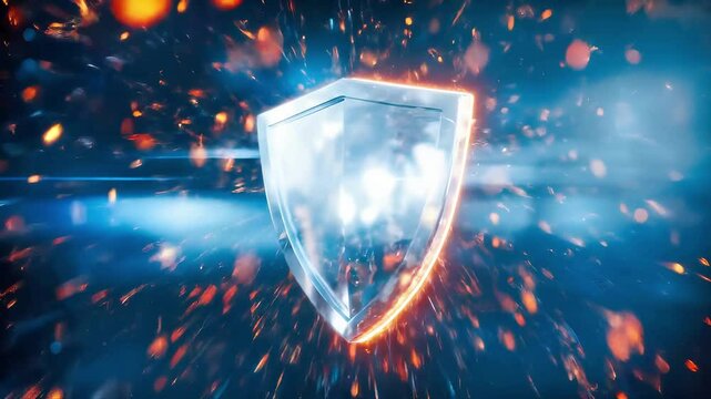 Digital shield glowing in blue cyberspace with orange sparks. Futuristic security protection symbol against virtual threats. Network defense technology concept with hologram barrier representing data