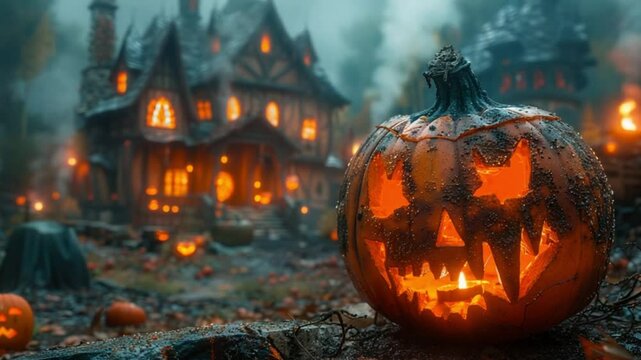 lentera labu halloween di depan rumah hantu