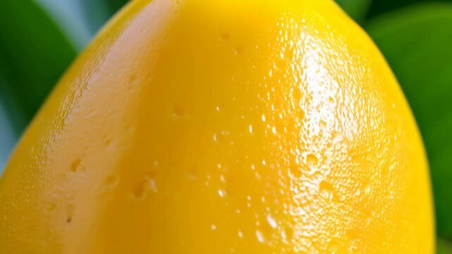 Close-up of a vibrant yellow Alphonso mango fruit with glistening droplets of water against a lush green leaf background, showcasing its smooth skin and freshness.