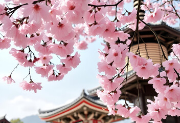 Pink and white Japanese cherry blossoms bloom beautifully on a tree branch in a spring garden, Generative AI