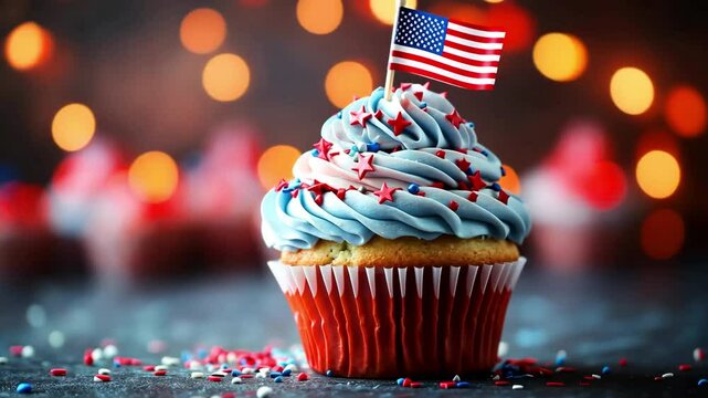 Blue frosted cupcake with American flag topper and star-shaped sprinkles evoking sweet patriotic celebration for Fourth of July 250 anniversary