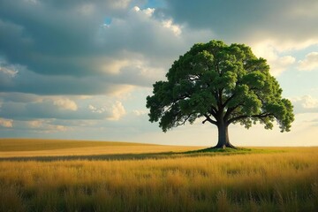 Obraz premium A solitary, majestic oak tree stands alone in a vast, rolling field under a dramatic sky The scene evokes a sense of peaceful isolation and the raw beauty of untouched nature , majestic, calm, sky