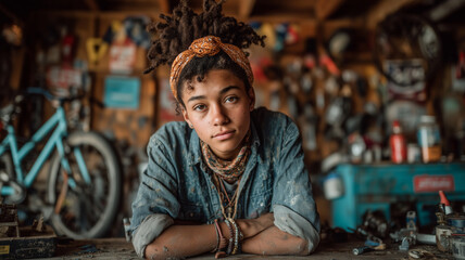 Obraz premium Non-binary teenager immersed in bicycle repair in a warm workshop setting