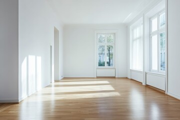 Obraz premium Bright and clean empty room with natural light and wooden flooring, Empty room in a bright clean interior,White empty room with wooden floor