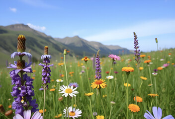 Blooming wild herb field in a summer meadow, Generative AI