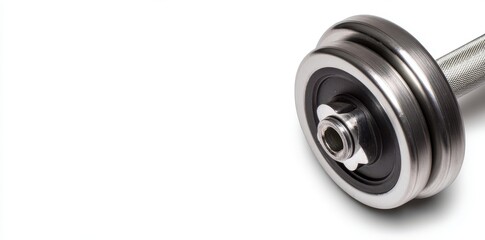 The image depicts a heavy black dumbbell with its handle made of chrome on a neutral light background