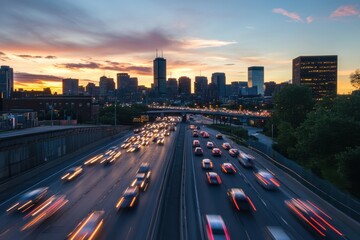 Fototapeta premium Stunning sunset over Boston skyline with bustling traffic in time lapse view, Boston skyline sunset traffic time lapse vertical