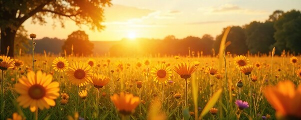 Golden hour sunlight bathes a vibrant summer landscape, promising warmth and carefree days ahead  A feeling of optimism and joyful anticipation fills the scene , sun,  sky,  botany