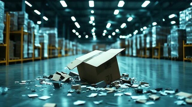 Wide-angle shot of a large warehouse with a focus on a single battered cardboard box, torn open with contents spilling out, surrounded by intact parcels, emphasizing delivery issue
