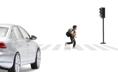 Schoolboy running on a street and car waiting at a zebra crossing