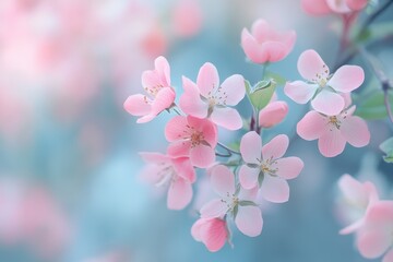 Fototapeta premium Delicate pink flowers bloom softly against a serene blurred background in springtime tranquility, Delicate pink flowers with soft, blurred background Perfect for spring or floral designs