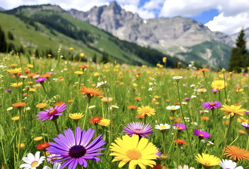 Wildflowers bloom in a vibrant alpine meadow under a clear summer sky, surrounded by beautiful green mountains, Generative AI