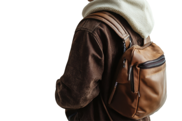 Fashionable casual outfit featuring a brown leather bag and stylish denim jeans captured in a transparent background setting