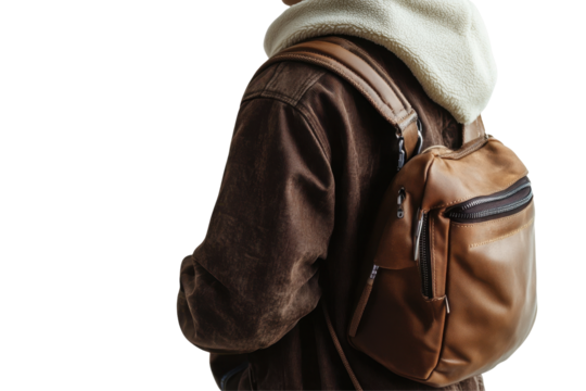 Fashionable casual outfit featuring a brown leather bag and stylish denim jeans captured in a transparent background setting