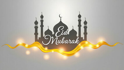 Minimalist Eid Mubarak Design with Mosque Silhouette and Subtle Golden Wave on Light