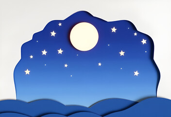 A beautiful winter night landscape illustration with moon and stars in the Christmas sky, Generative AI