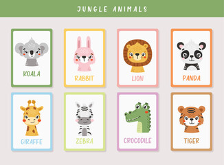 Jungle animals set isolated, cute safari animals, kids posters, cartoon, cards for kids