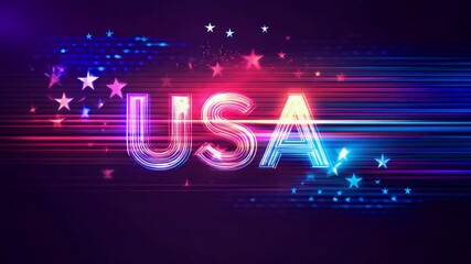 Neon text spelling 'USA' in pink and blue glowing lights representing modern digital tribute to American Independence Day