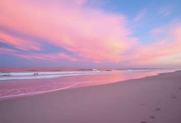Beautiful sunset over the ocean with waves crashing on the sandy beach under an orange sky, Generative AI