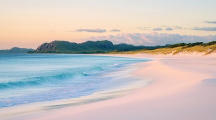 Serene coastal scene at sunrise with gentle waves
