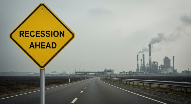 Recession forecast indicator. Industrial slowdown warning, Financial uncertainty sign, Economy decline prediction with road sign showing economic downturn and factory background