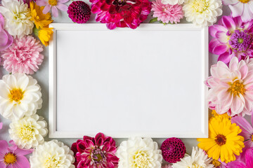 Summer creative layout made of flowers asters, dahlias, calendula with white border for text and greetings. Floral Greeting card. Nature trendy decorative design. Flat lay.
