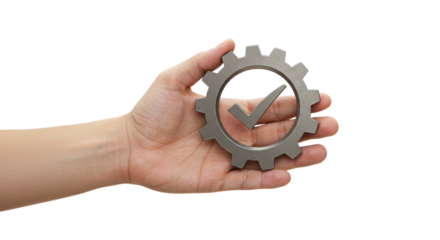 Isolated Hand Holding Metal Gear with Checkmark