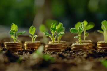 Seedlings growing from stacks of coins in soil