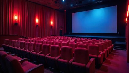 Fototapeta premium Serene theater interior, plush seating, dimmed lights creating a calming atmosphere perfect for relaxation and unwinding after a show Velvet curtains are softly drawn , quietude, playhouse