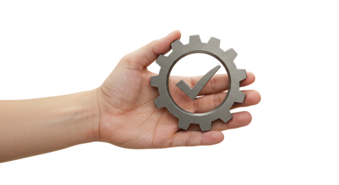 Isolated Hand Holding Metal Gear with Checkmark