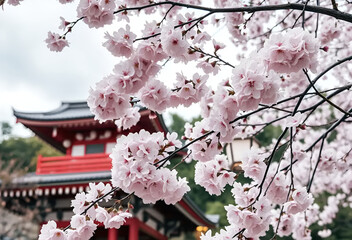 Pink and white Japanese cherry blossoms bloom beautifully on a tree branch in a spring garden, Generative AI