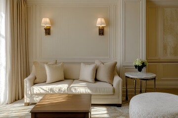 Elegant living room interior design with beige sofa and wooden coffee table
