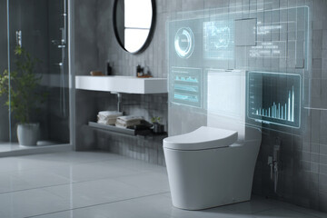 Smart toilet in modern bathroom displaying transparent interface with real-time nutrient and health data analysis visuals. Sleek, futuristic hygiene tech. ai generative