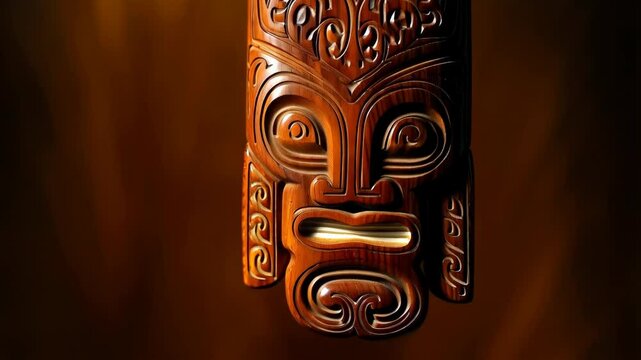 Detailed close-up of a carved wooden tribal style mask with intricate swirling patterns hanging in dark interior setting, with warm light