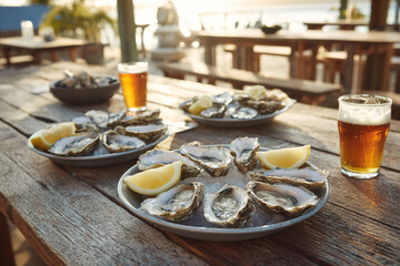 Plate of raw oysters with lemon, glass of dewed beer. AI Generative