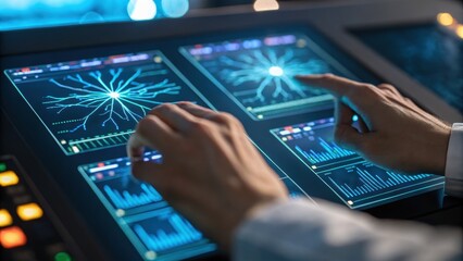 Fototapeta premium Neuroscientist Working in High-Tech Research Lab Concept, Fingers interacting with a high-tech touchscreen displaying data visualizations and analytics.