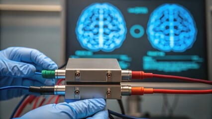 Neuroscientist Working in High-Tech Research Lab Concept, Cutting-edge brain imaging technology with a focus on neural connections and data analysis.